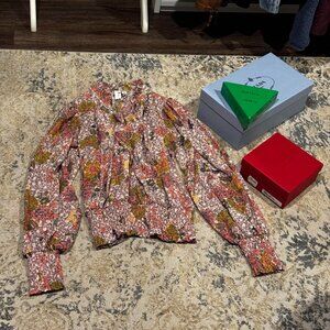 Joie pink floral blouse with ties and smocking, XS